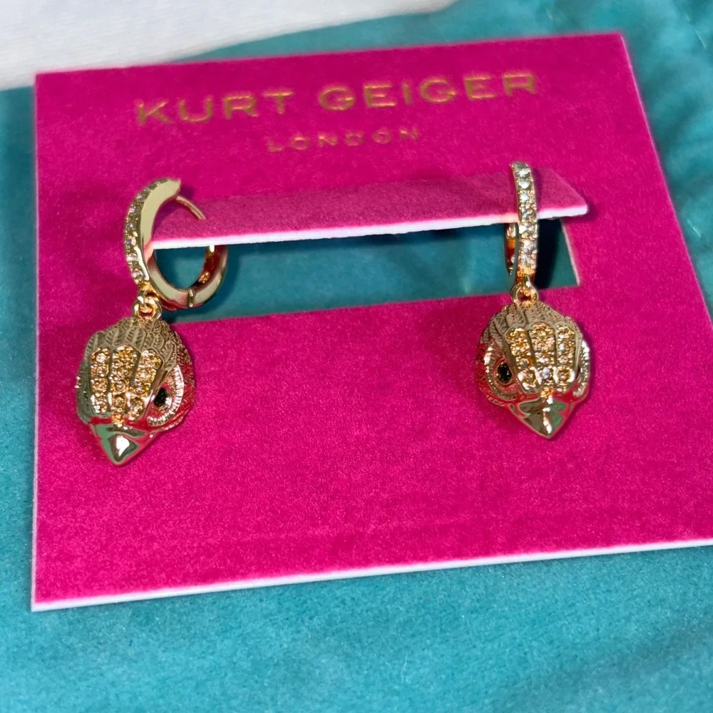 Kurt Geiger Eagle Head Huggie Hoop Earrings OS Gold NEW Crystal Pavé Drop